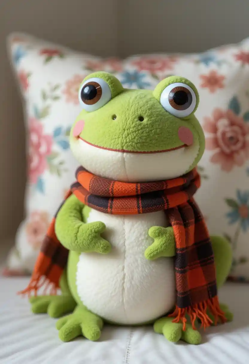 Cute green plush frog with scarf and floral pillow