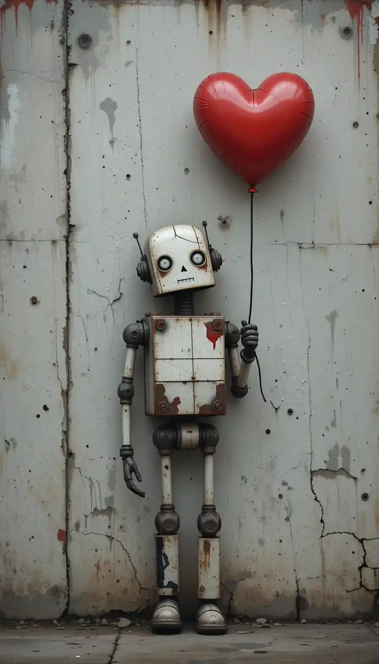Small patched robot with red heart balloon on wall
