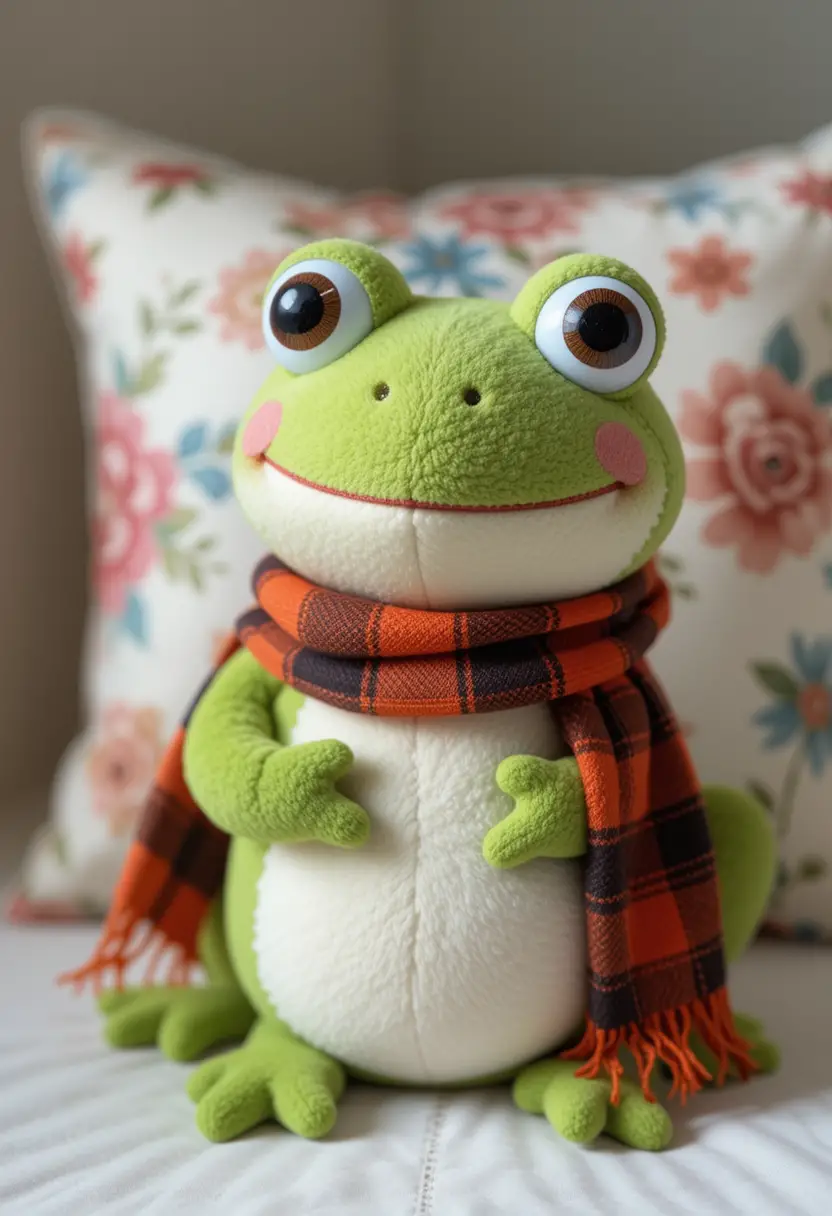 Cute green plush frog with scarf and floral pillow