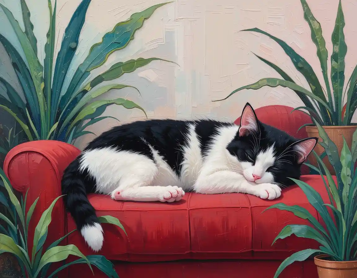 Black and white cat sleeping on a red sofa painting
