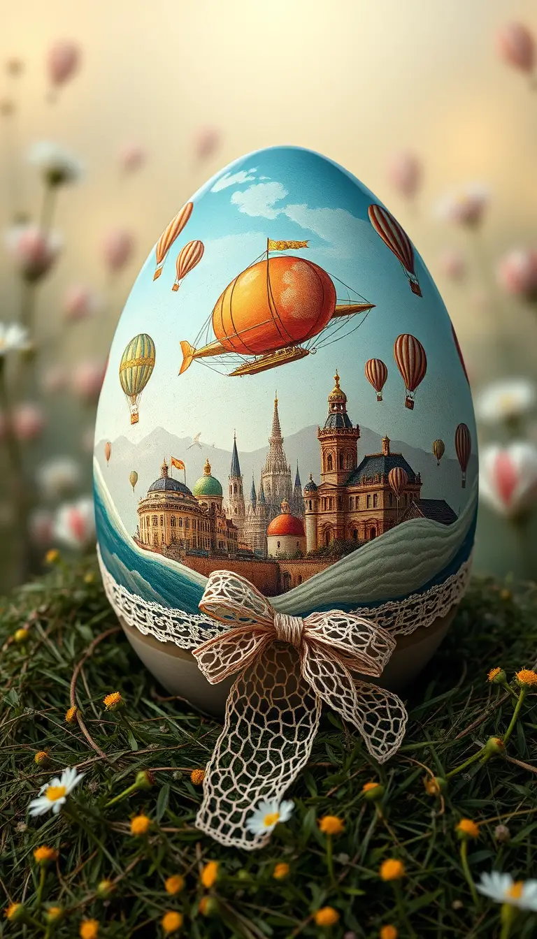 Vintage Easter Egg With Steampunk Airship And Old World City