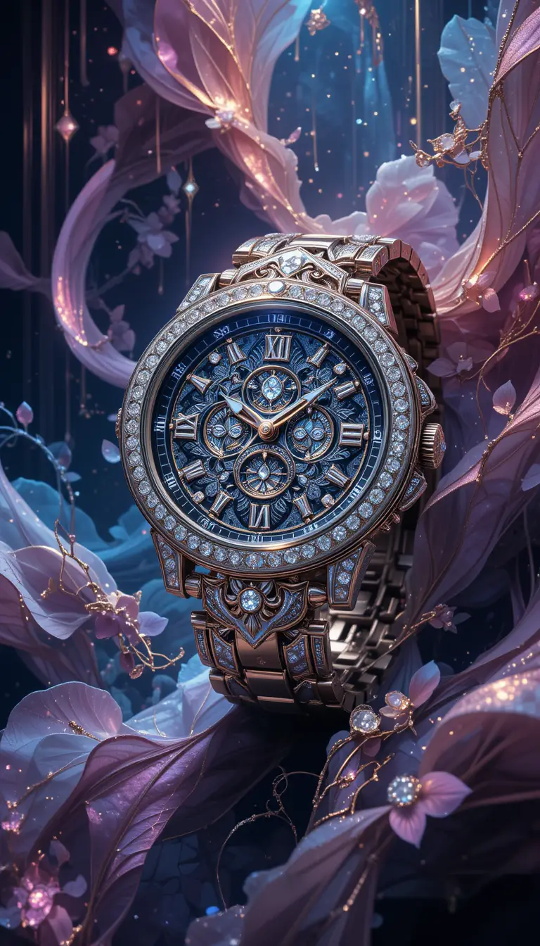 Luxury digital illustration of jeweled wristwatch in dramatic light