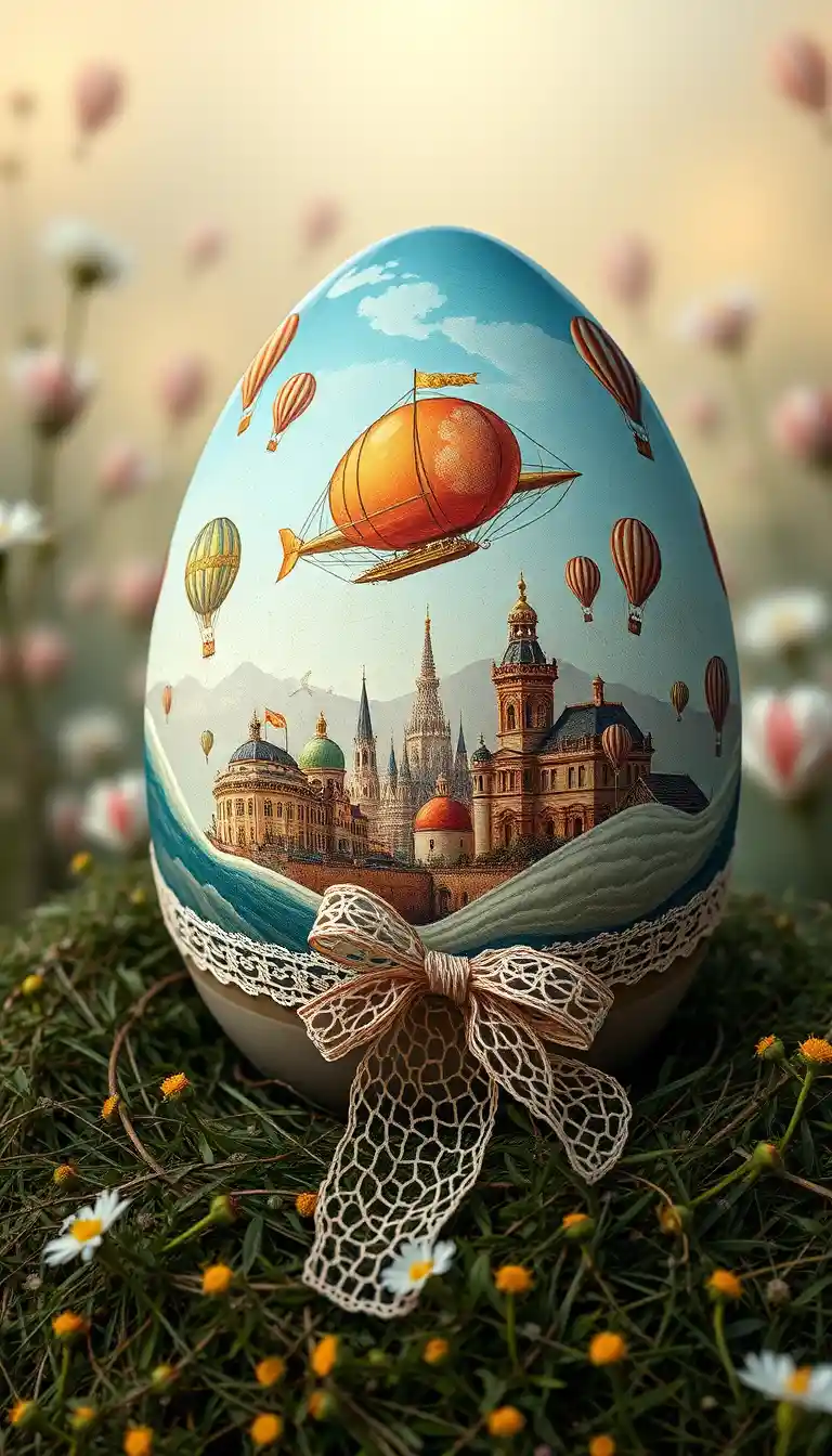 Uovo di Pasqua Vintage con Dirigibile Steampunk e Città del Vecchio Mondo