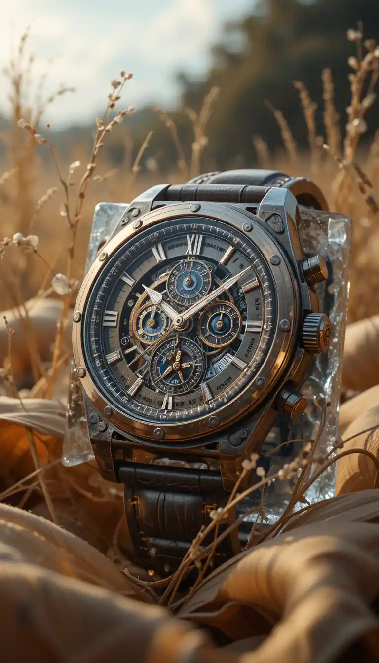 Relógio steampunk com detalhes mecânicos na grama acetinada