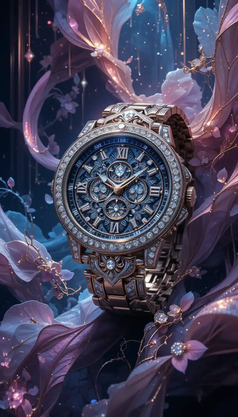 Illustrazione digitale di lusso di orologio da polso gioiello in luce drammatica