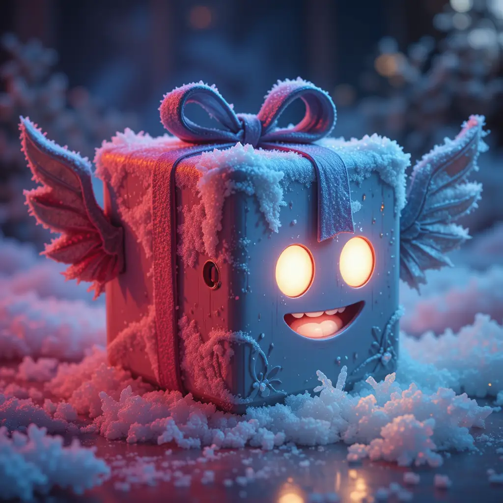 Colorful cartoon gift box with wings and jet thrusters