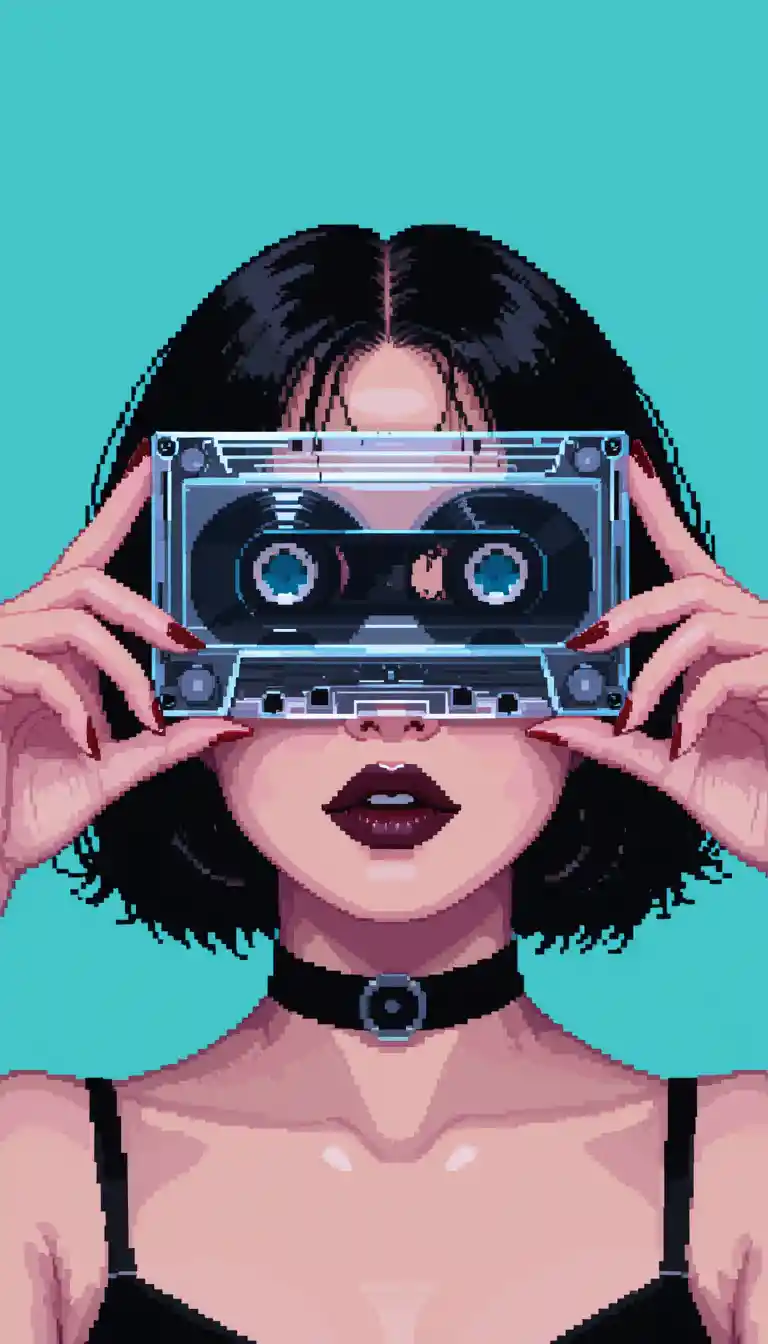 Pixel art portrait with cassette tape eyes illusion