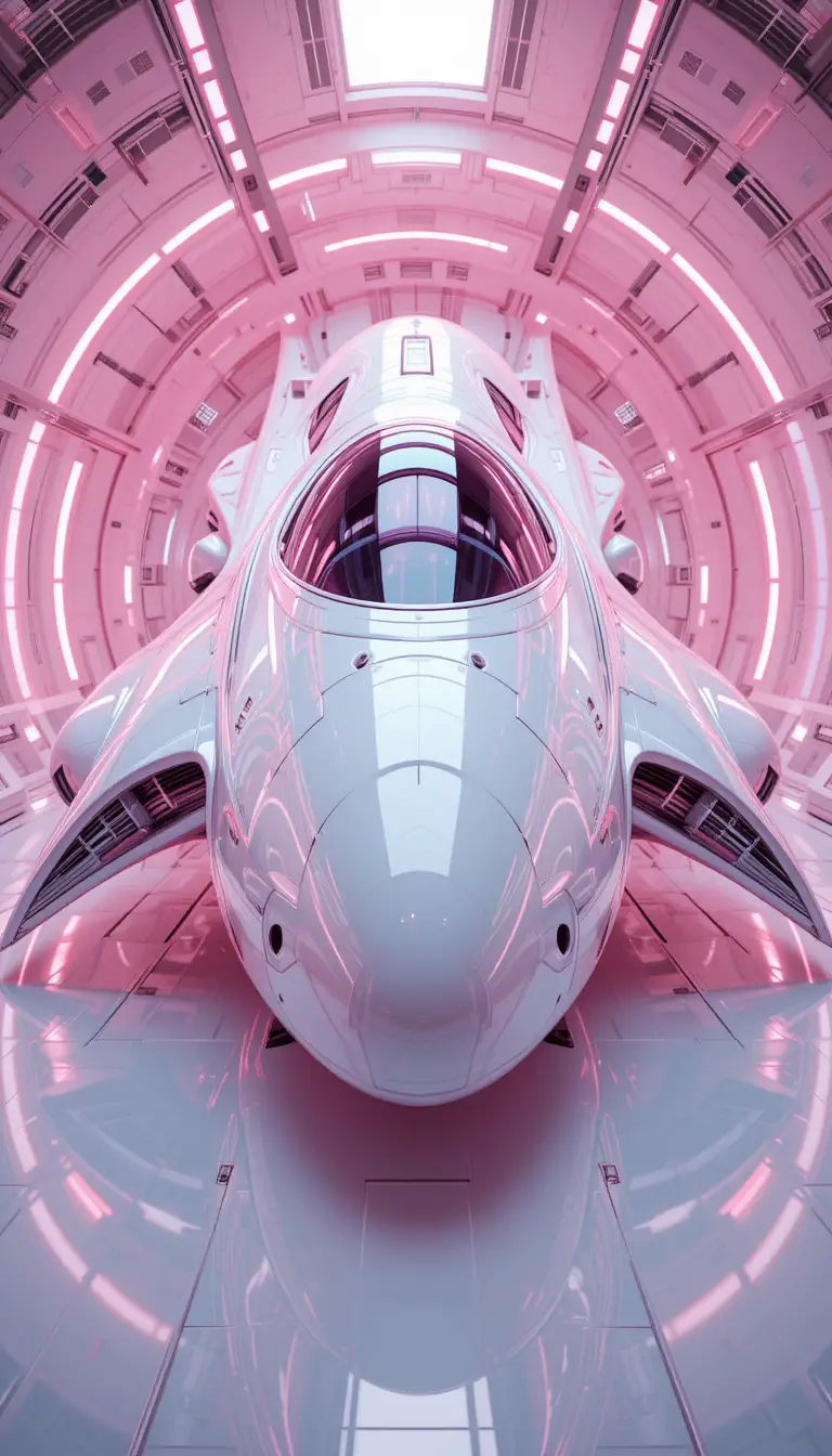 Futuristic white spacecraft in luminous pink space habitat