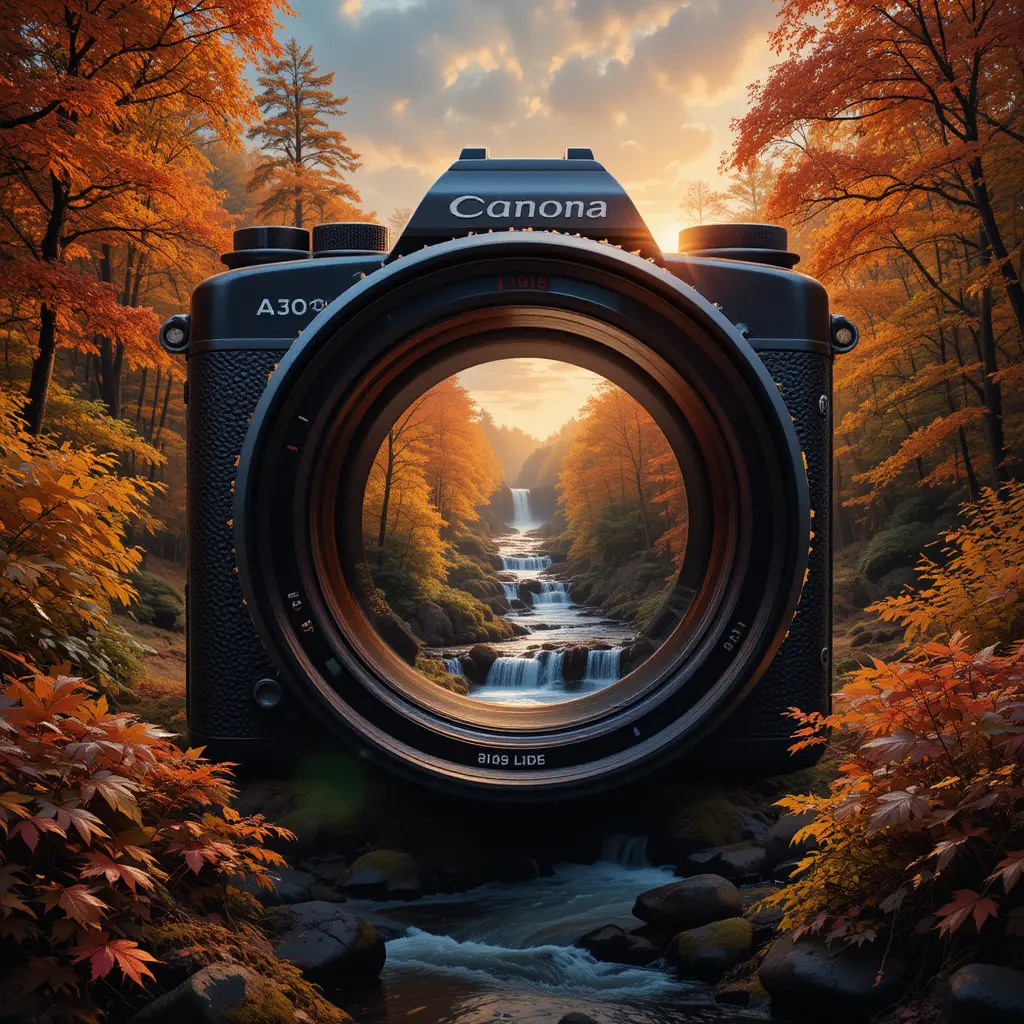 Vintage camera portal revealing serene autumn forest scene