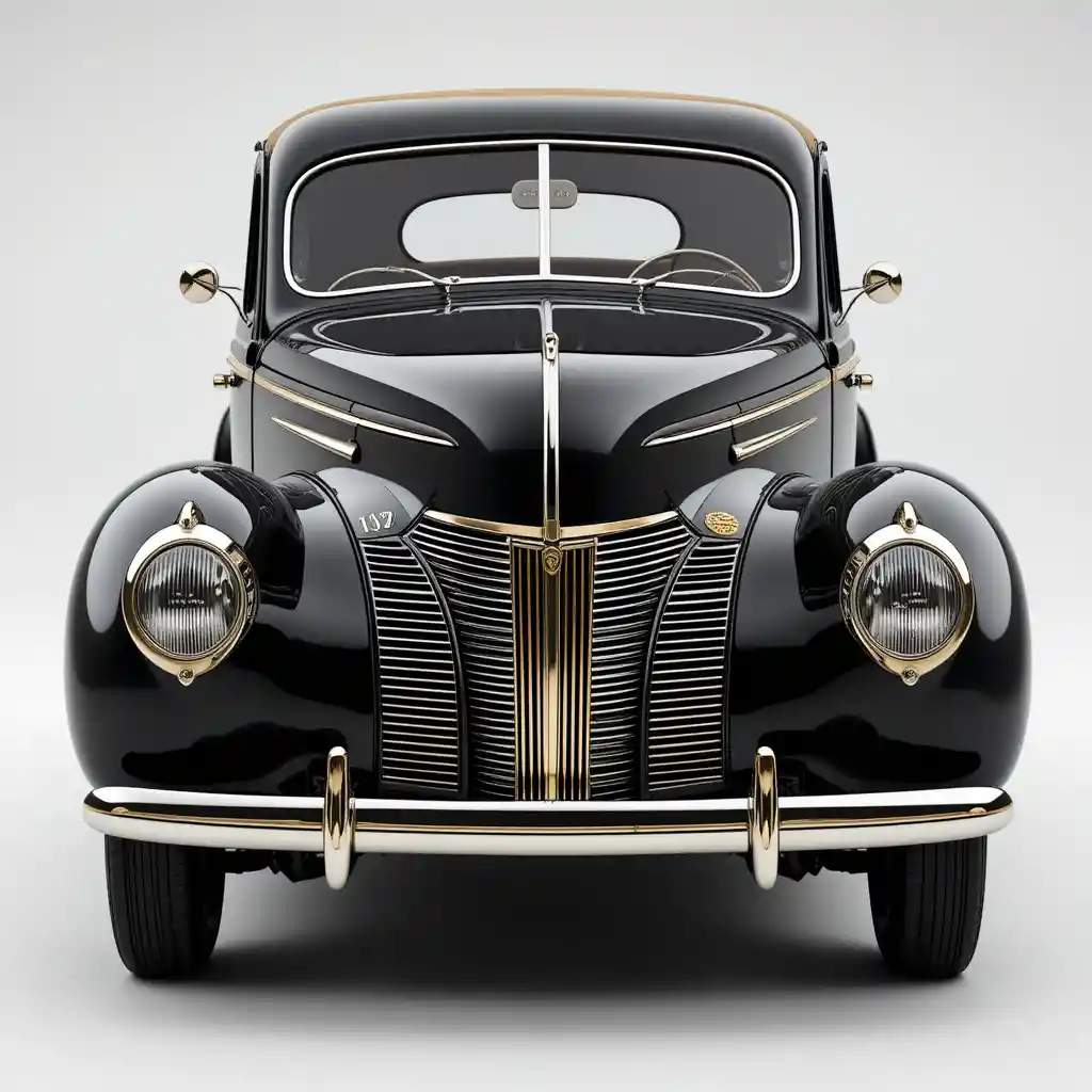 Vintage 1940s black car with tan roof and gold grille