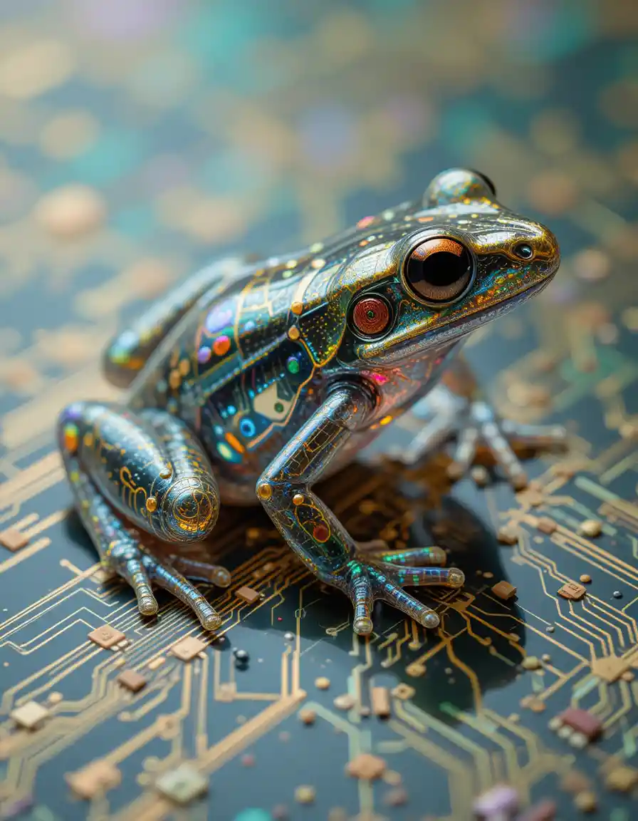Transparent circuit board frog with holographic details