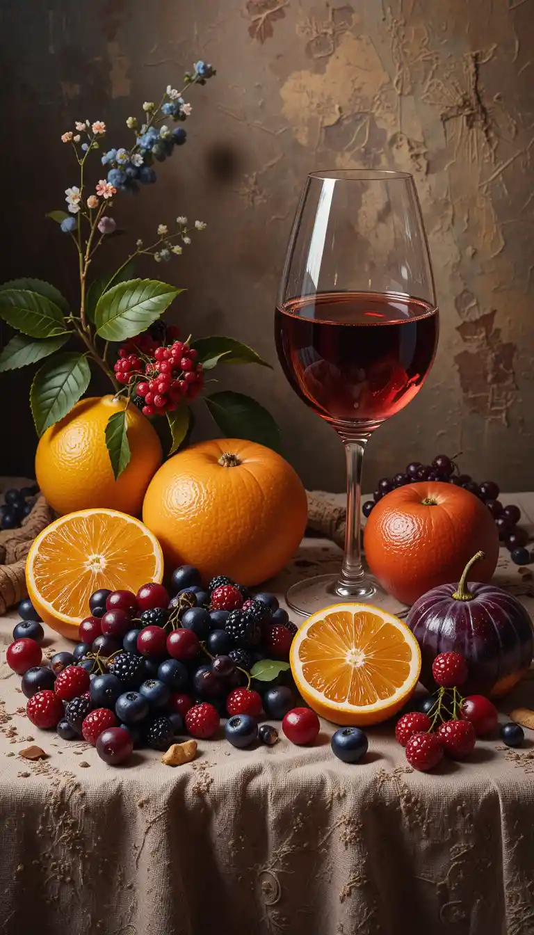 Still life of berries citrus and wine on tablecloth