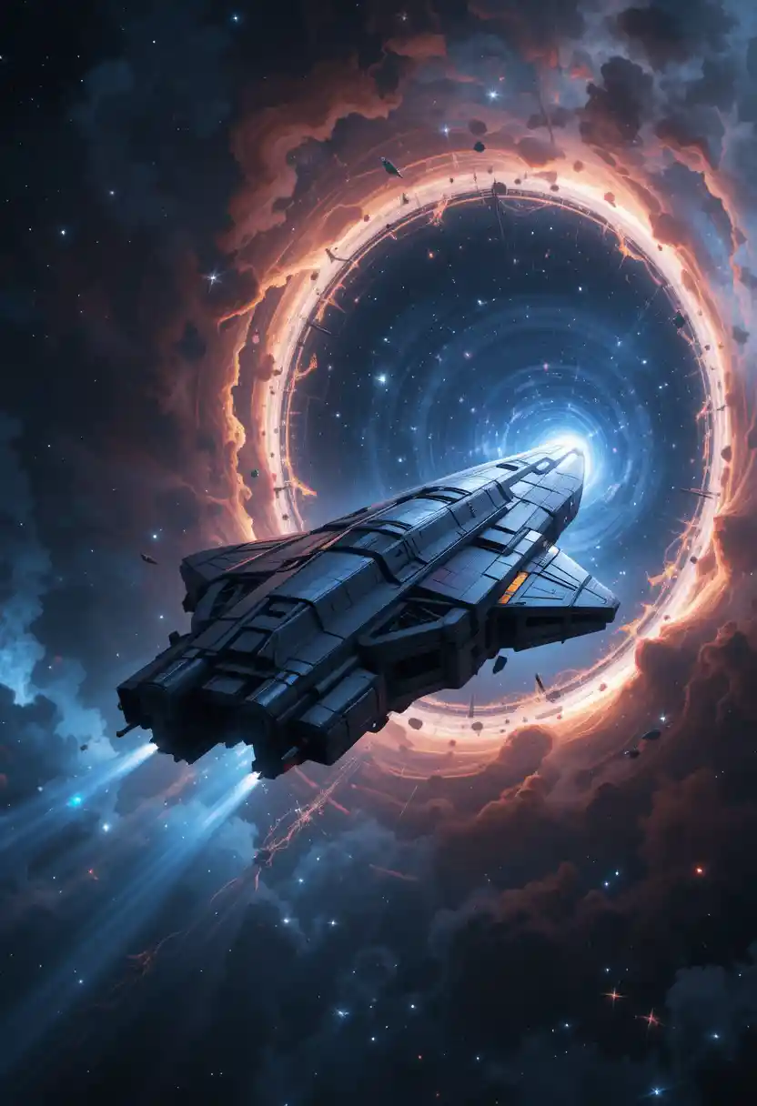Futuristic spaceship entering a glowing wormhole in deep space