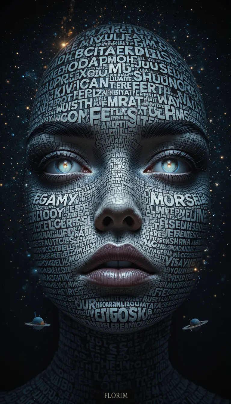 Face of text and stars in a cosmic digital void
