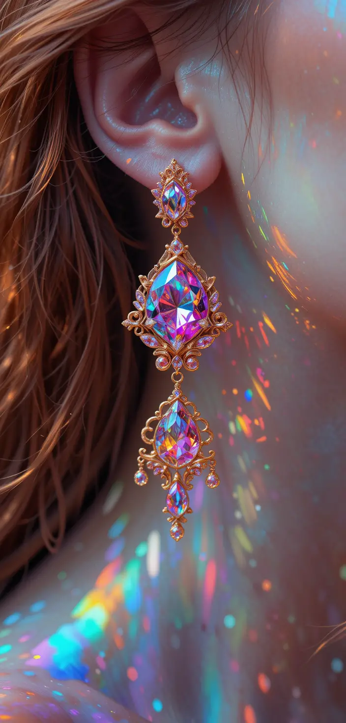 Crystal kaleidoscope earring with pink glass and gold
