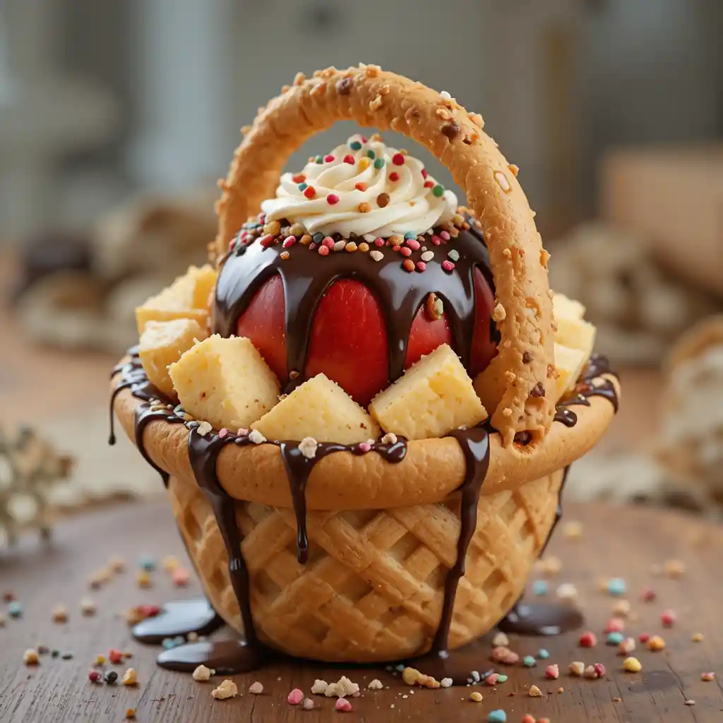 Edible cookie basket with apples chocolate and cream