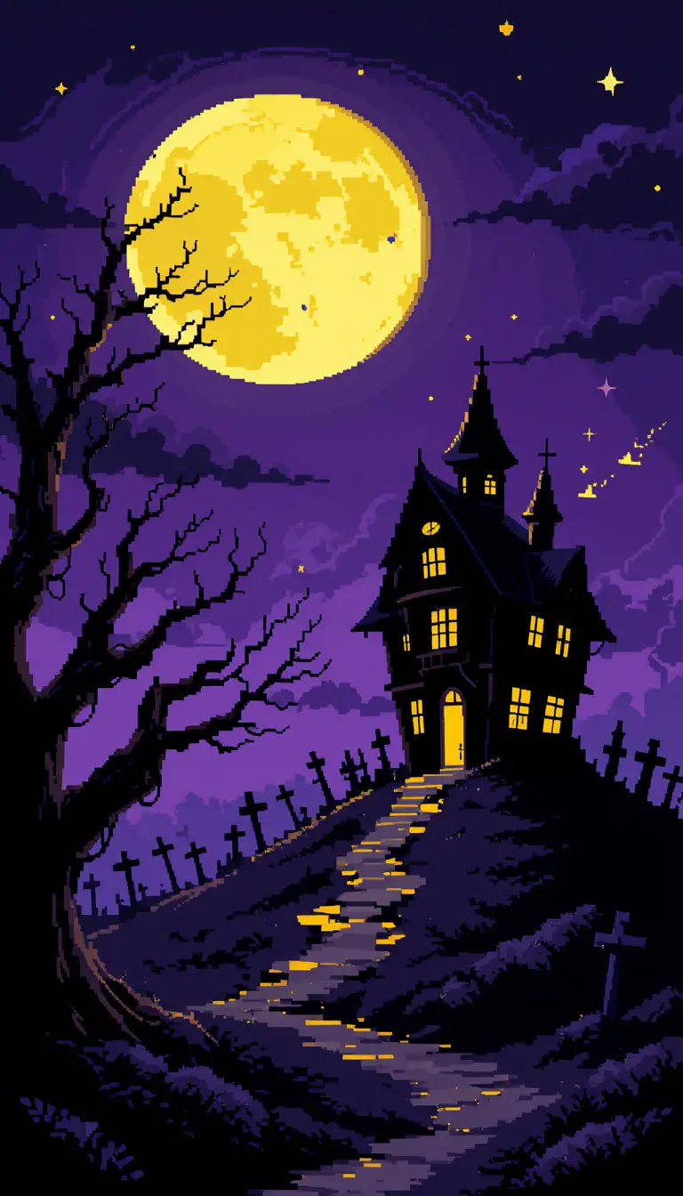 Spooky pixel art haunted house on a hill at night