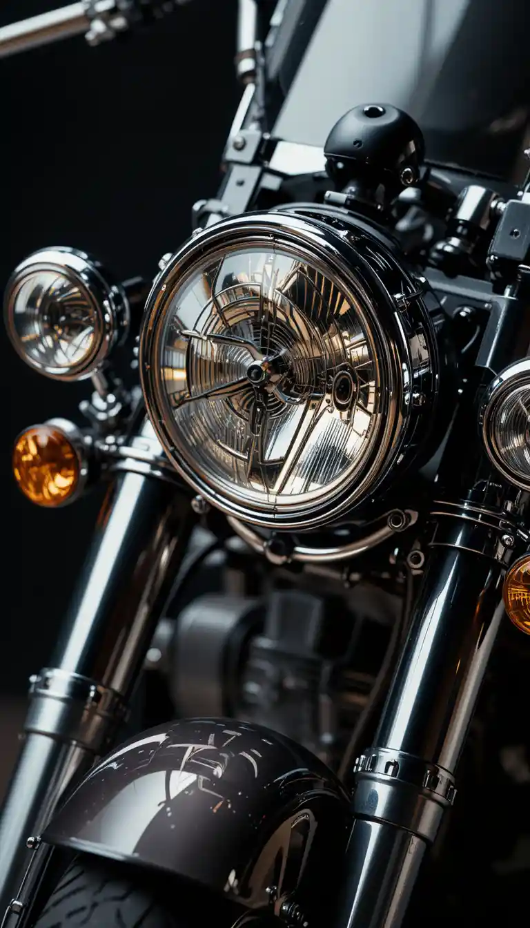 Close up of classic motorcycle with chrome in dramatic light