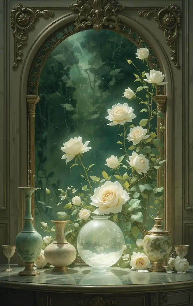 Ethereal fantasy painting of white roses on green background