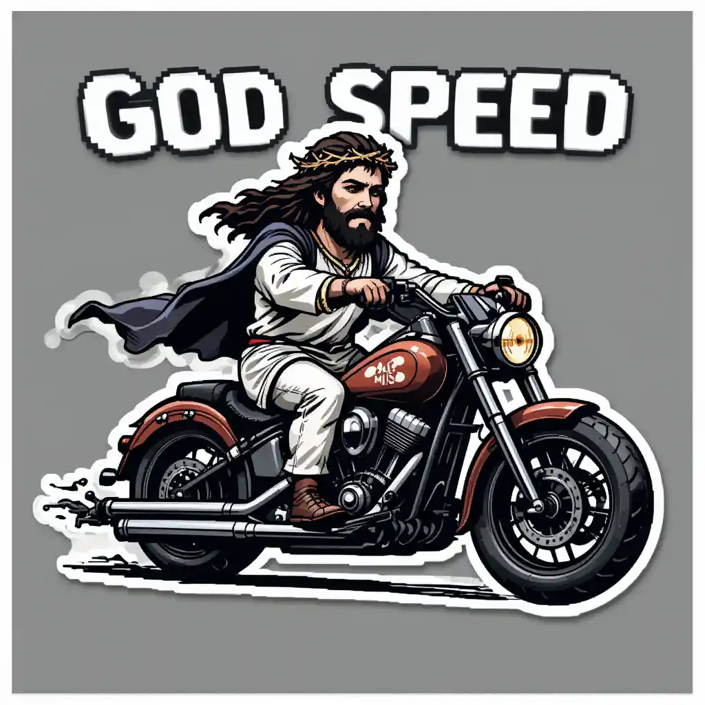 Pixel art Jesus riding a vintage motorcycle sticker design