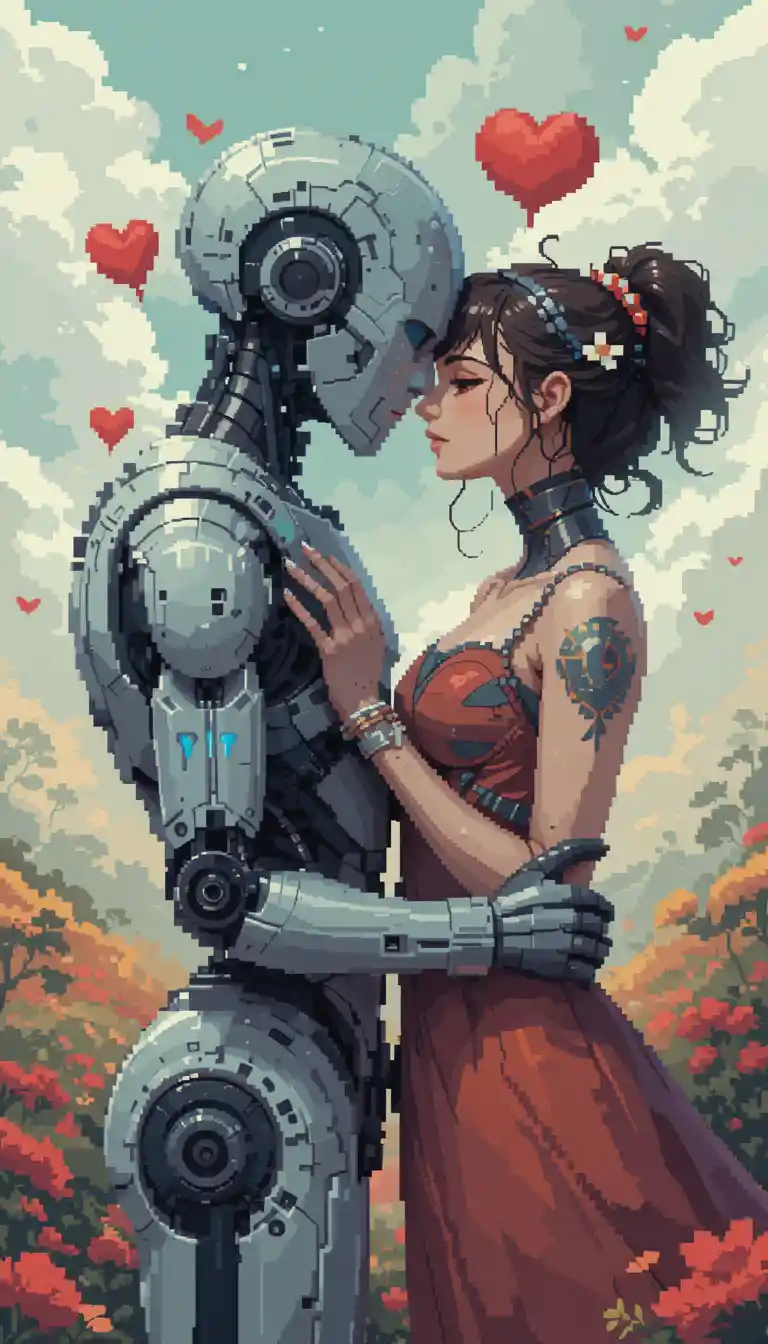 Pixel art woman in love with a distant robot
