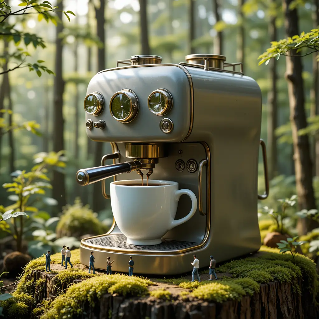 Whimsical Coffee Machine House In A Tranquil Forest