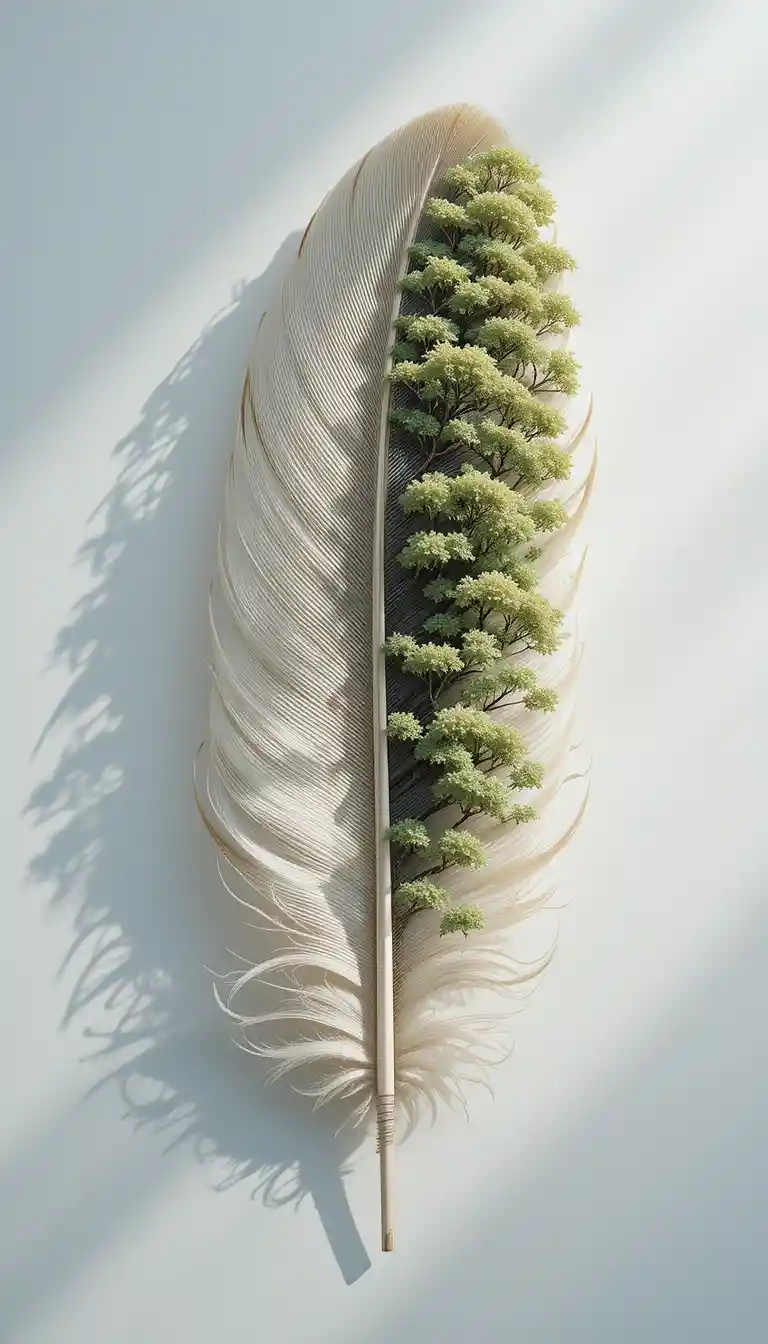 Feather Transforming Into Forest On White Background
