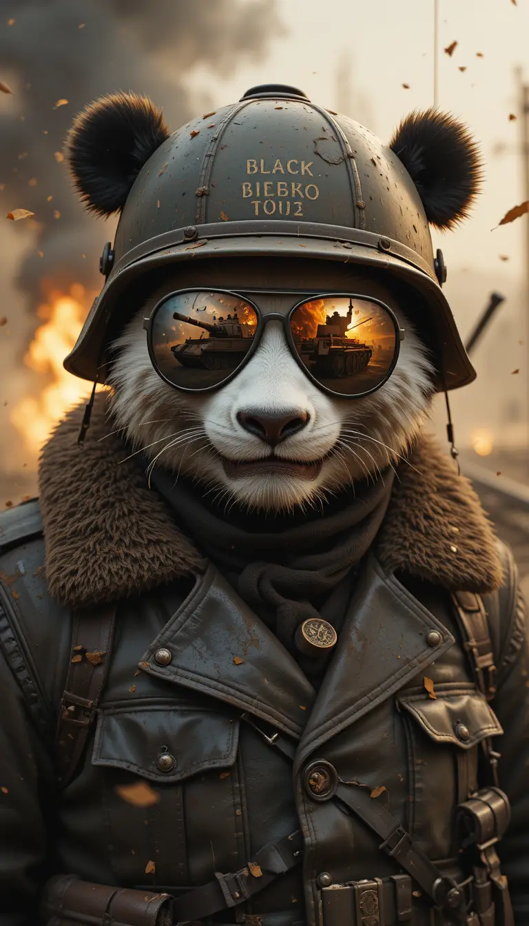 Battle scarred panda tanker at sunset battlefield