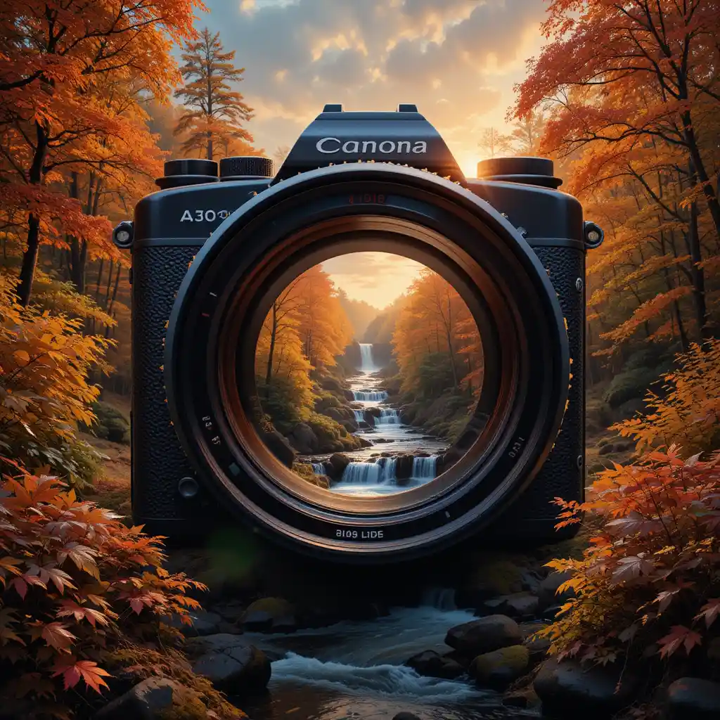 Vintage camera portal revealing serene autumn forest scene