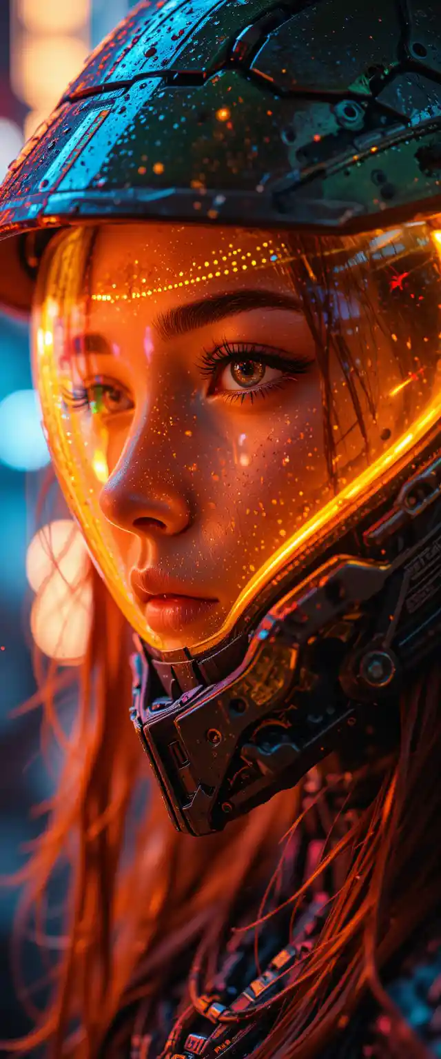 Woman in metallic helmet with neon reflections