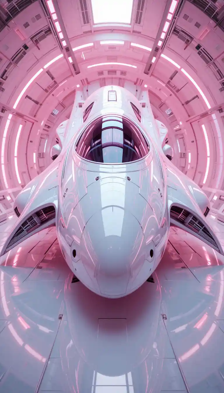 Futuristic white spacecraft in luminous pink space habitat