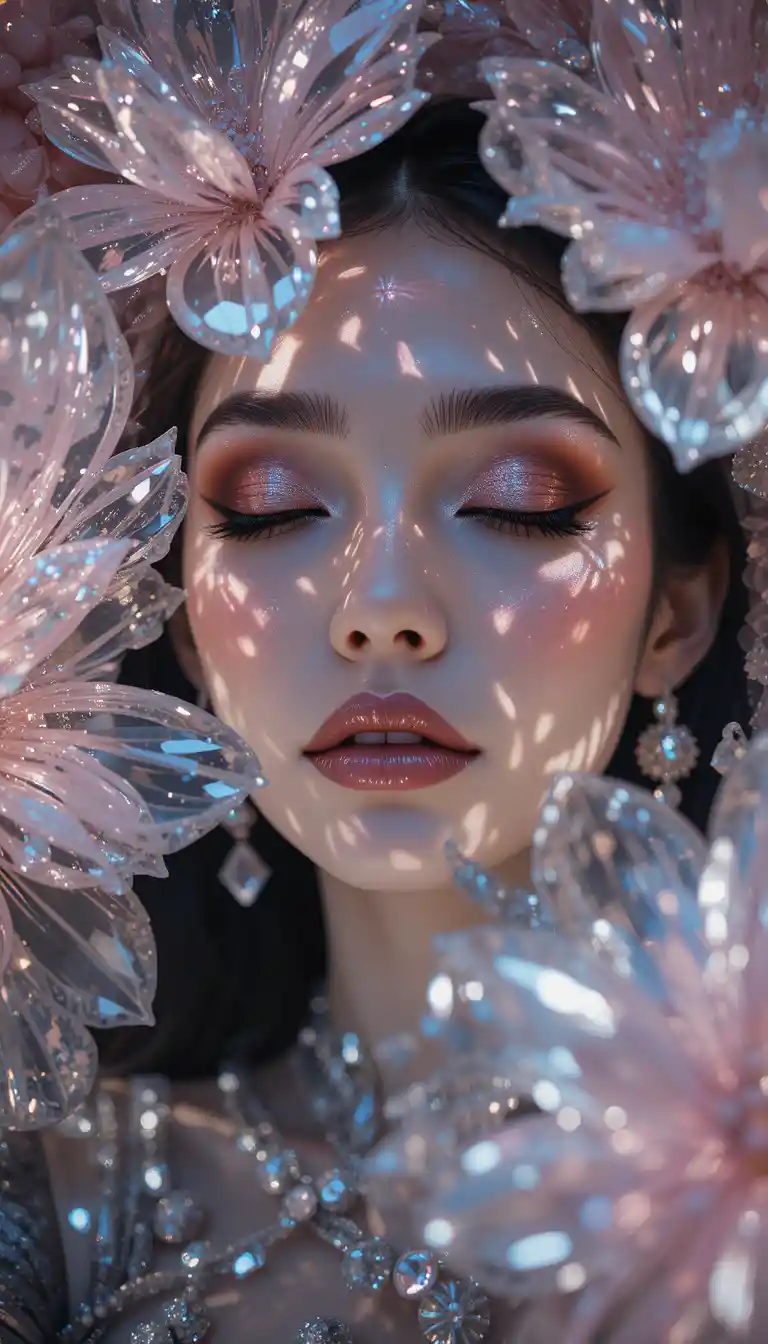 Woman with crystal flowers in luminous close up portrait