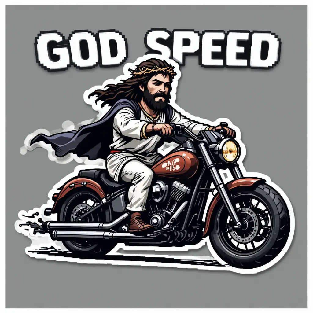 Pixel art Jesus riding a vintage motorcycle sticker design