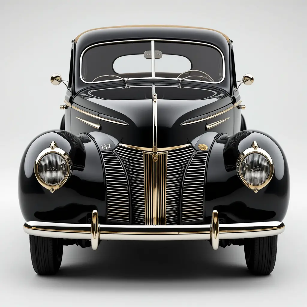 Vintage 1940s black car with tan roof and gold grille