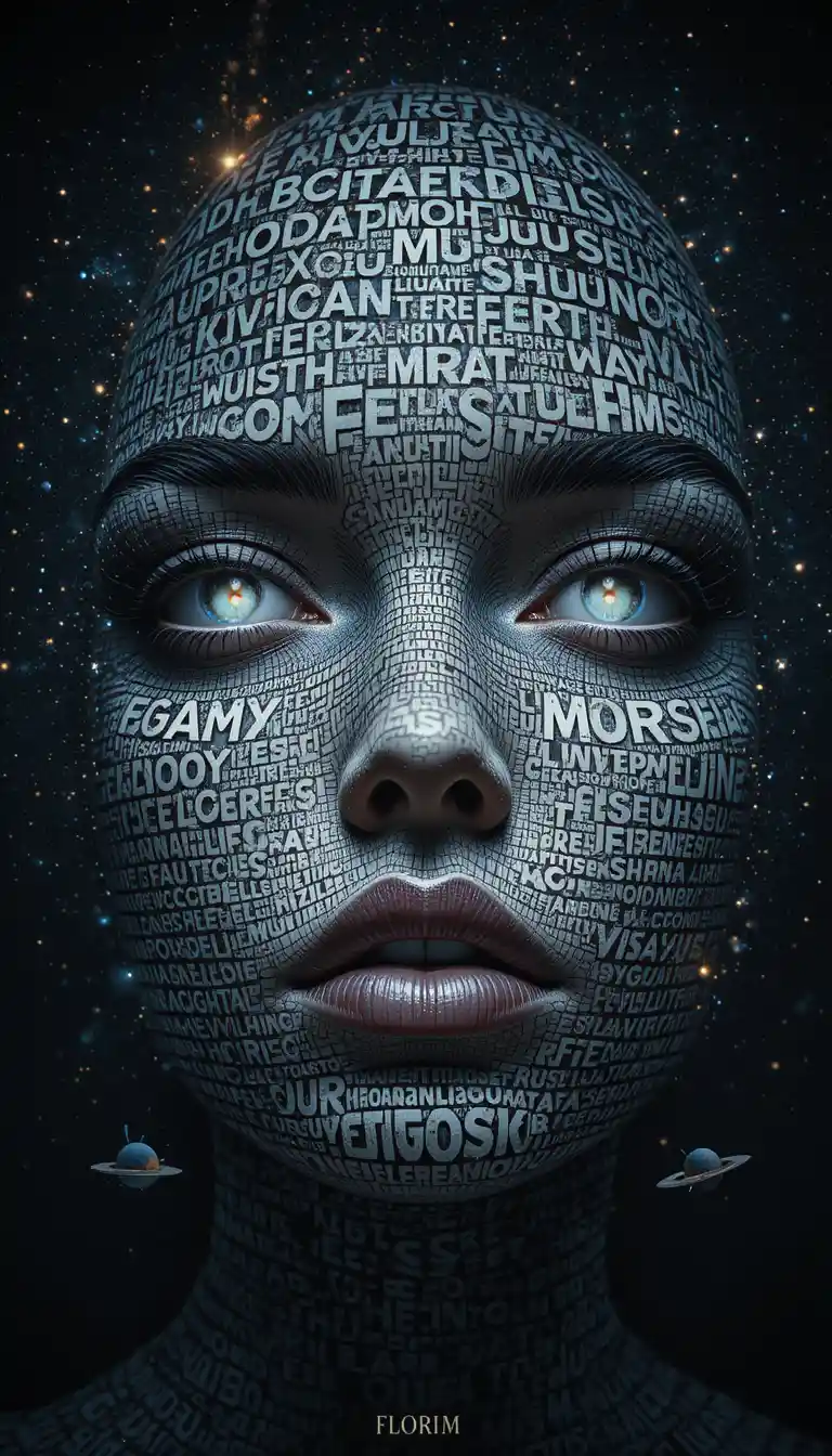 Gesicht aus Text und Sternen in einem kosmischen digitalen Vakuum
