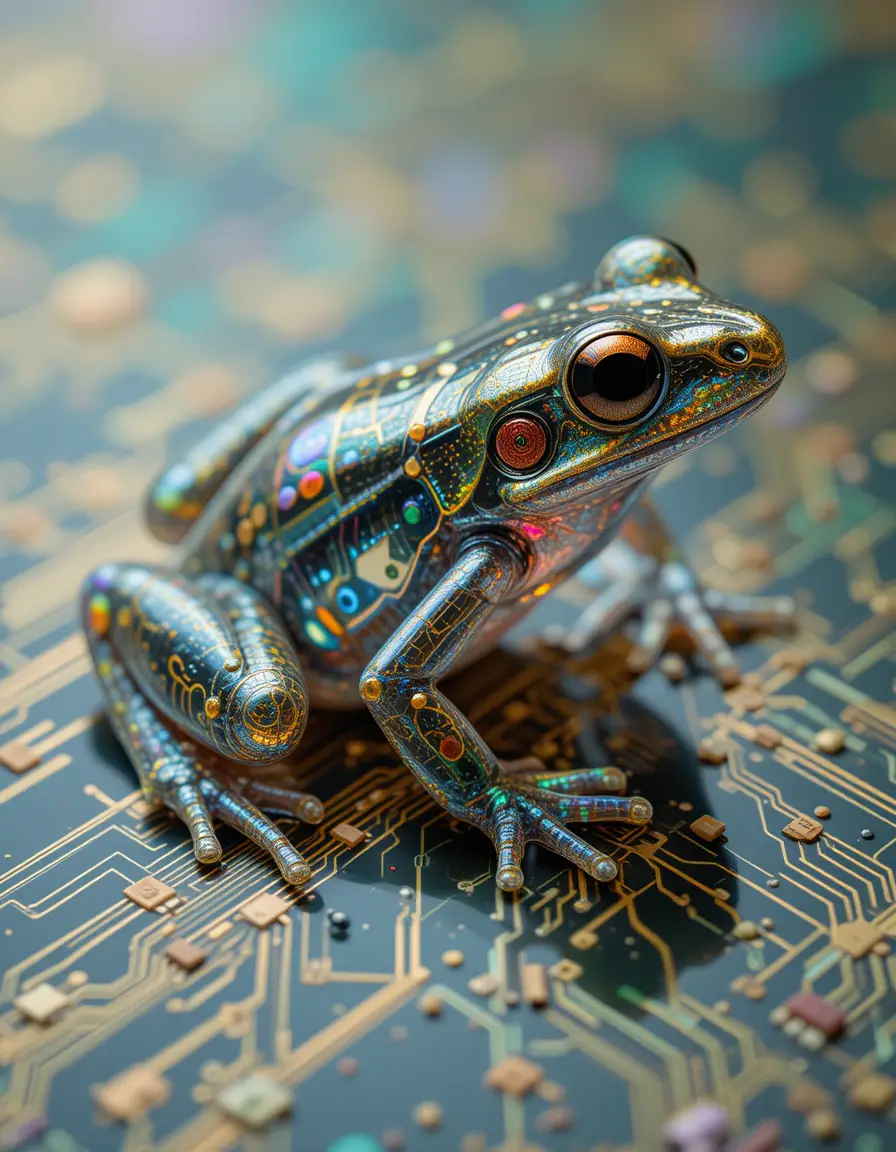 Transparent circuit board frog with holographic details