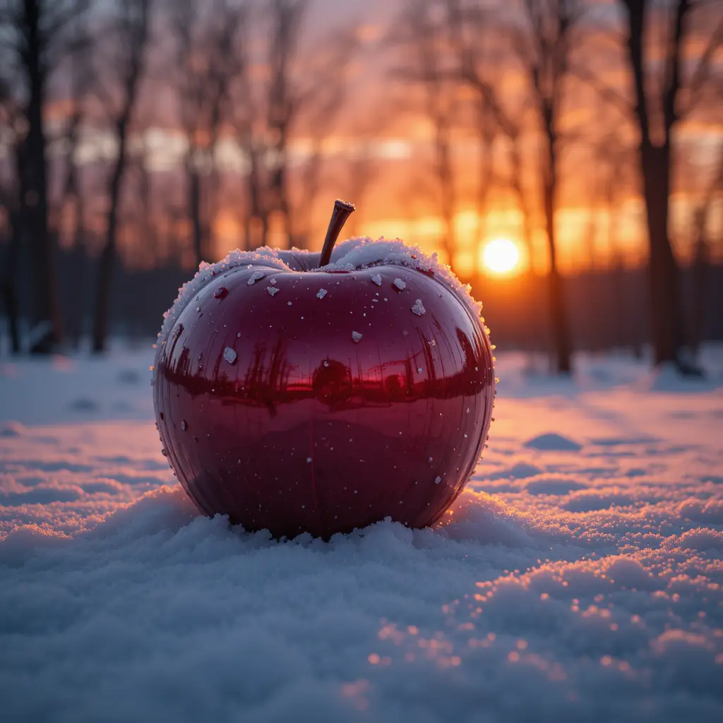Red apple in snow reflecting a winter sunset landscape