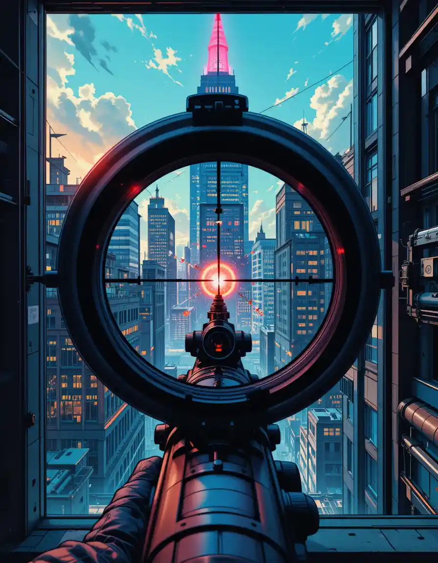 First person view through a rifle scope at a city skyscraper