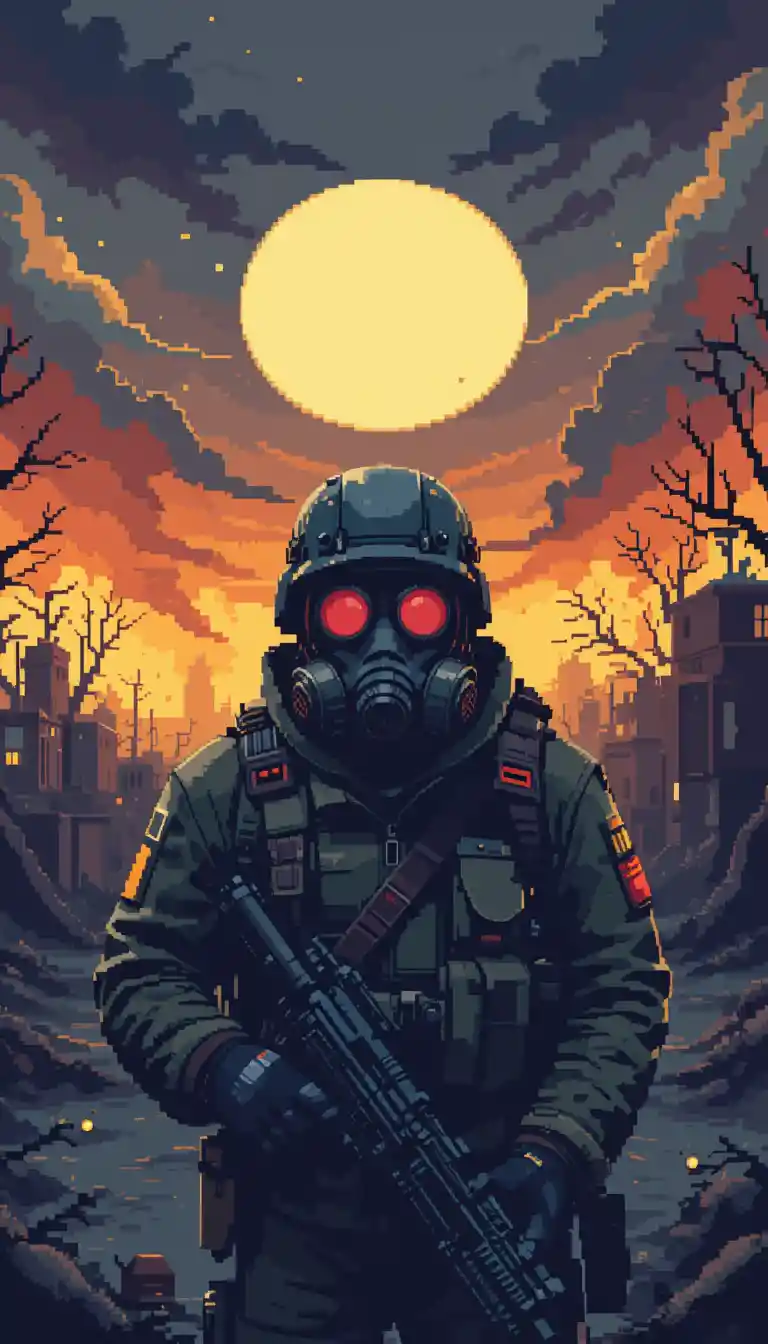 Pixel art soldier in gas mask in nuclear wasteland