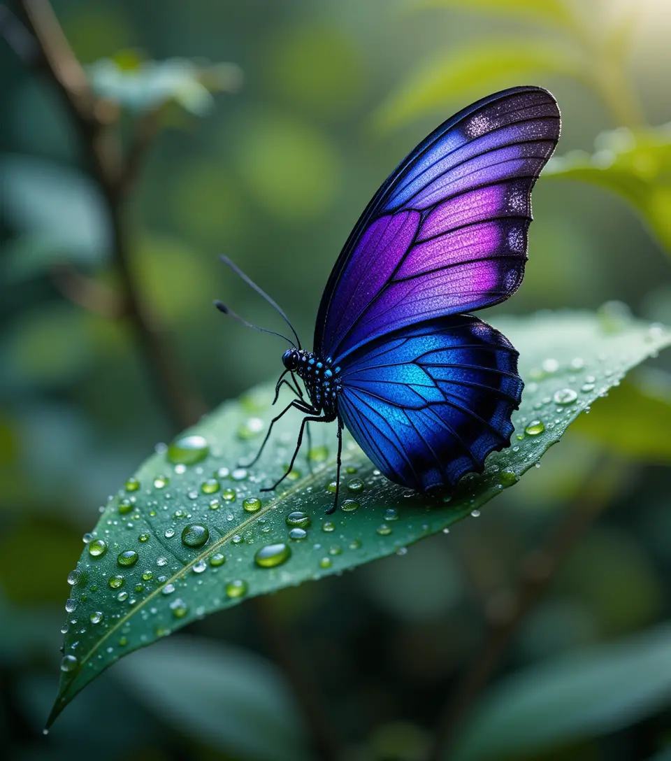 Macro butterfly on dewy green leaf with soft bokeh background