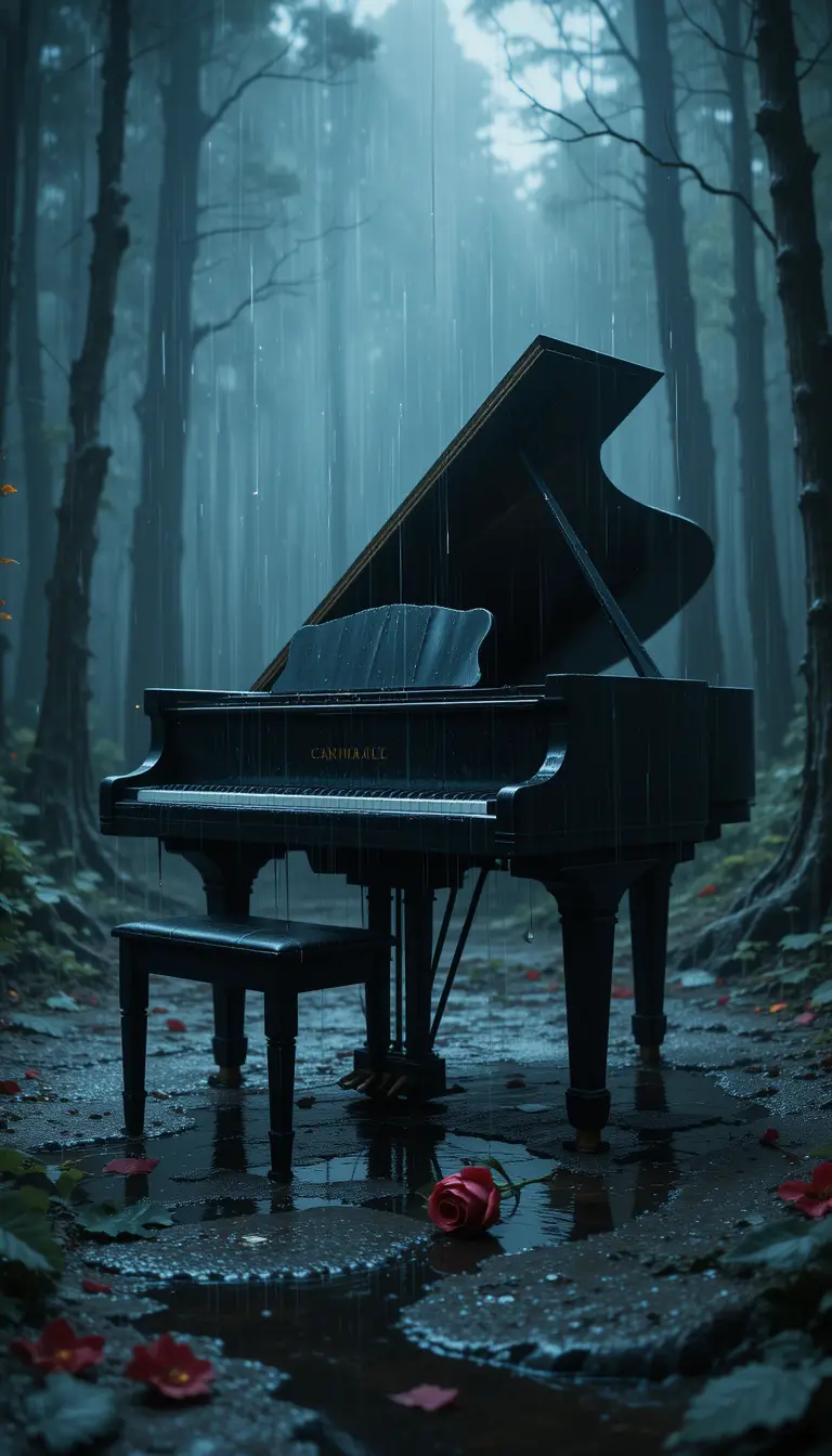 Lonely Grand Piano In A Rain Soaked Forest