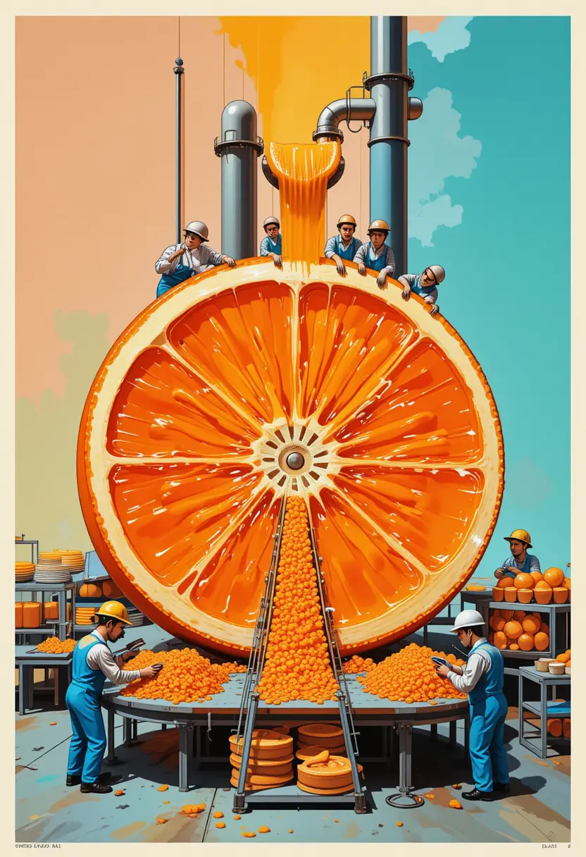 Mini workers inside a giant orange jelly factory