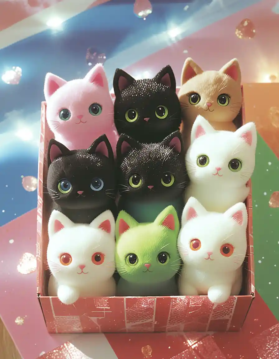 Tiernos peluches de gatitos con pelaje colorido en caja estampada