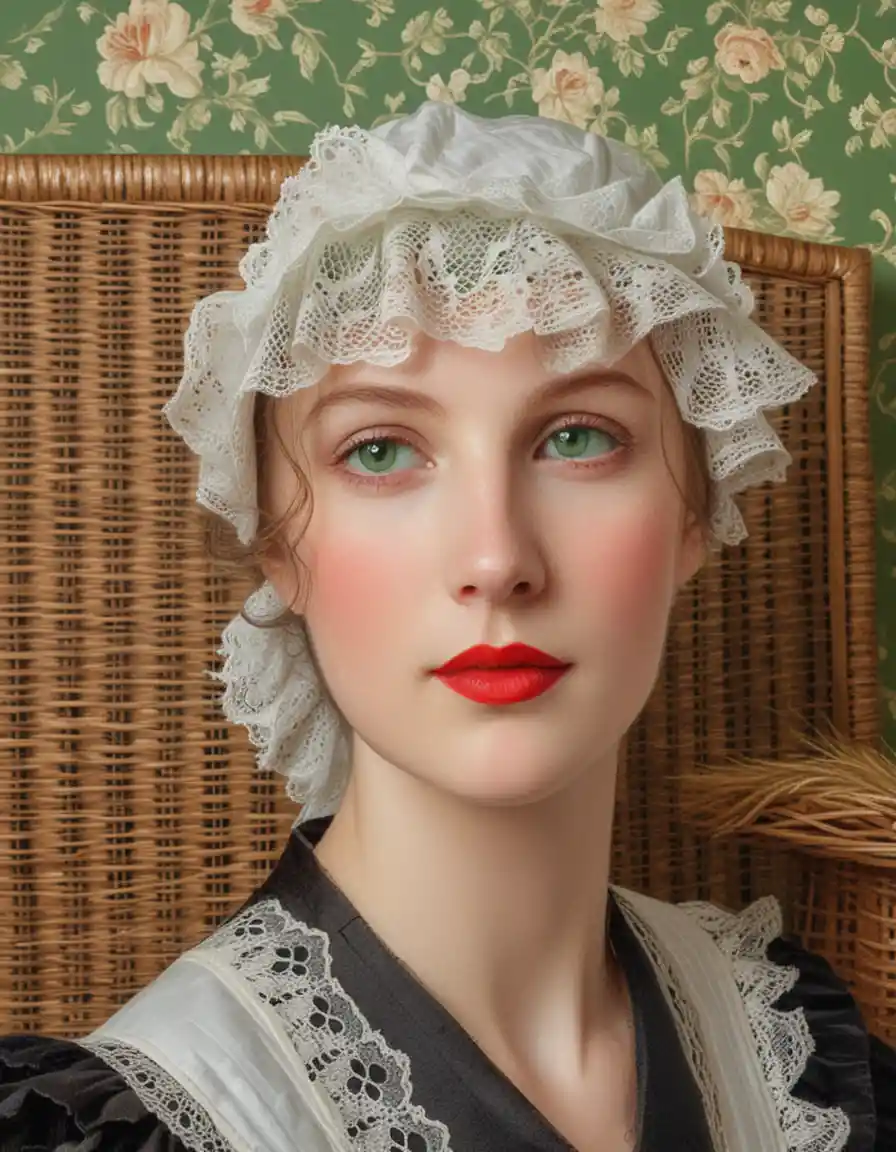 Victorian maid with lace bonnet and red lips portrait