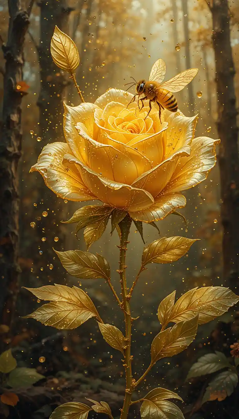 Goldene Rosen und fliegende Honigbiene im regnerischen Wald