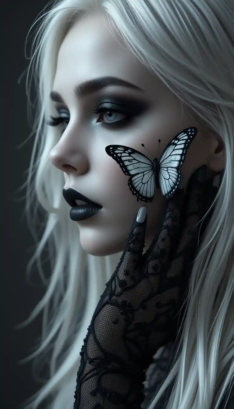 Gothic girl close up with white hair and butterfly
