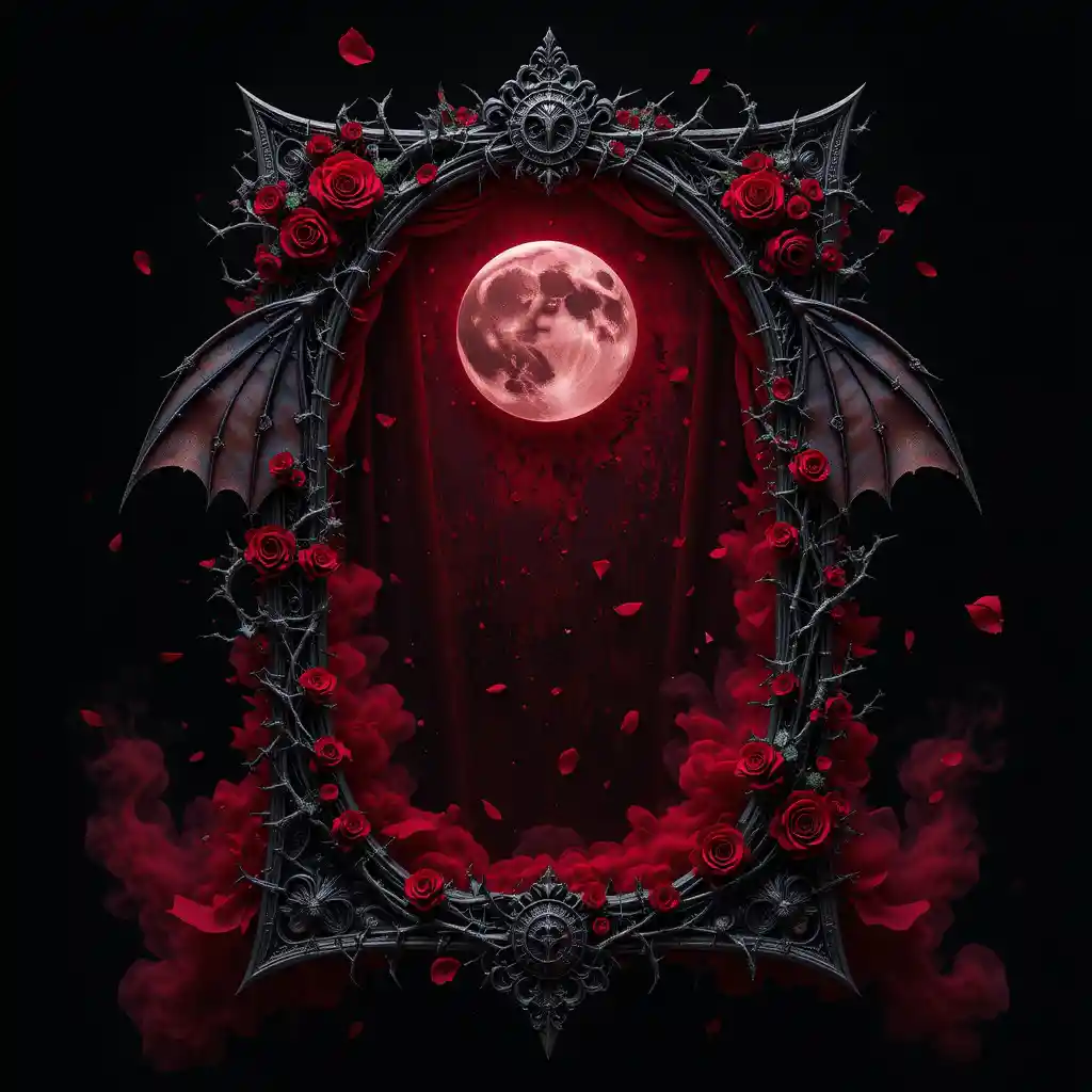 Gothic silver frame with blood moon crystal and roses