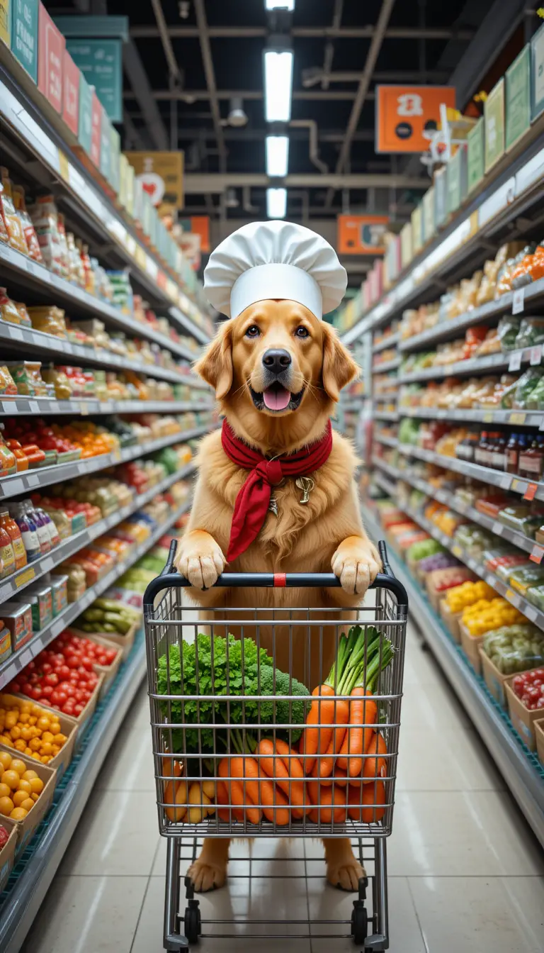 Golden retriever chef shopping in a bright grocery aisle