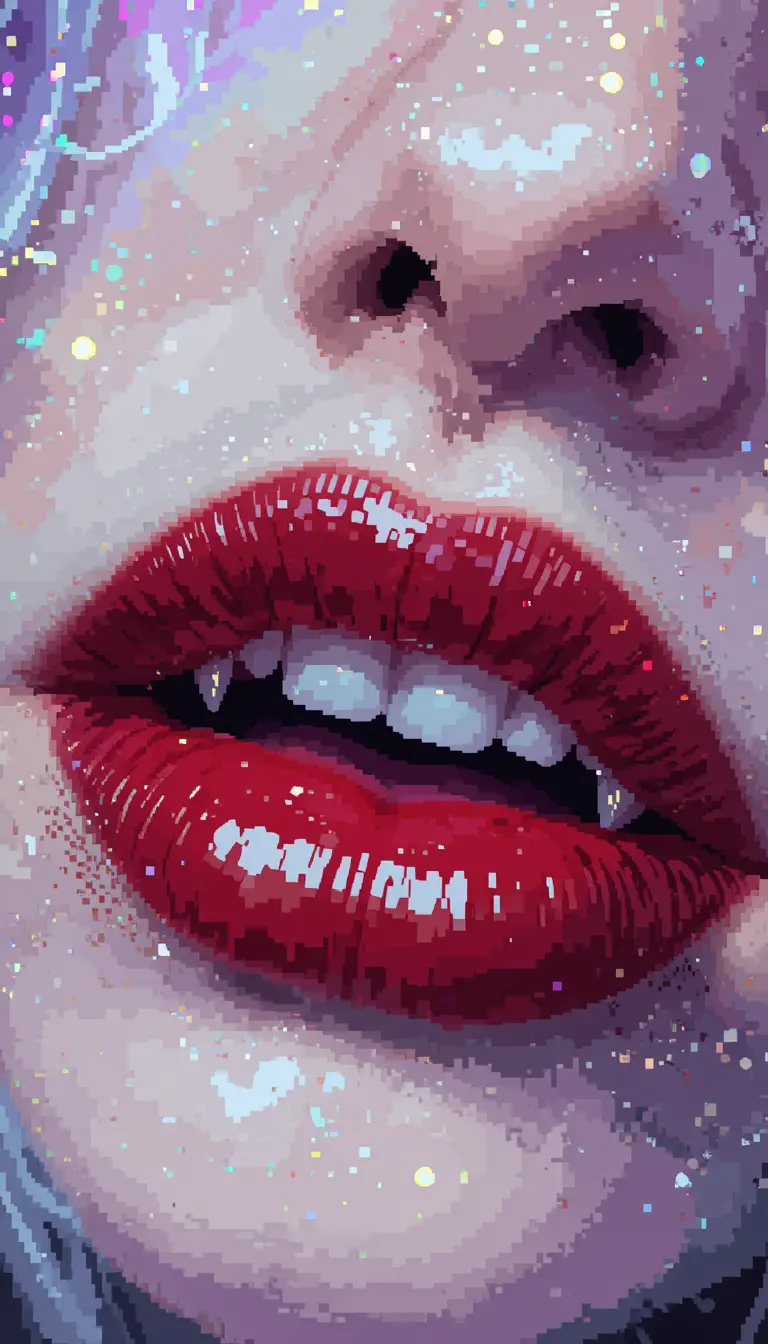 Pixel art close up of vampire lips with glowing background