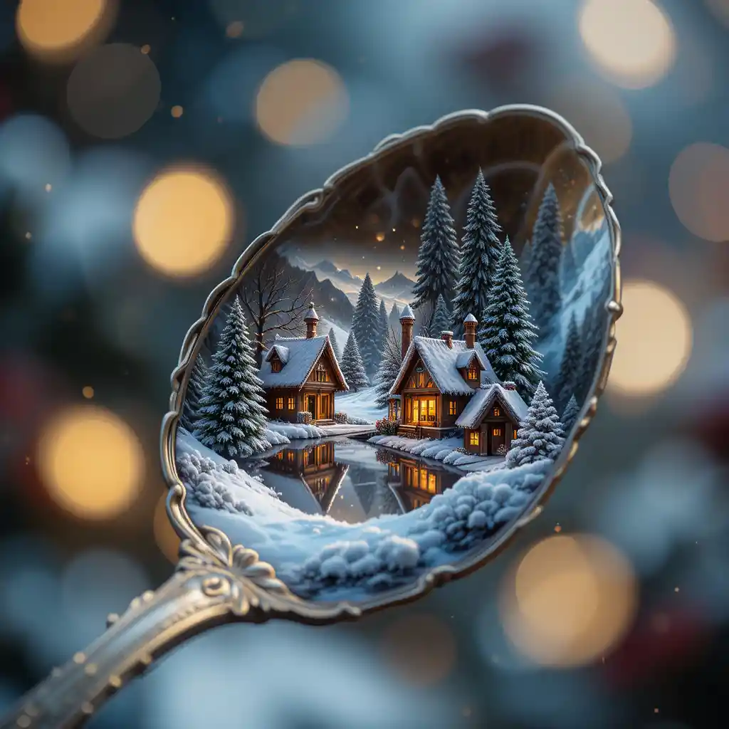 Christmas reflection on an antique spoon with bright glow